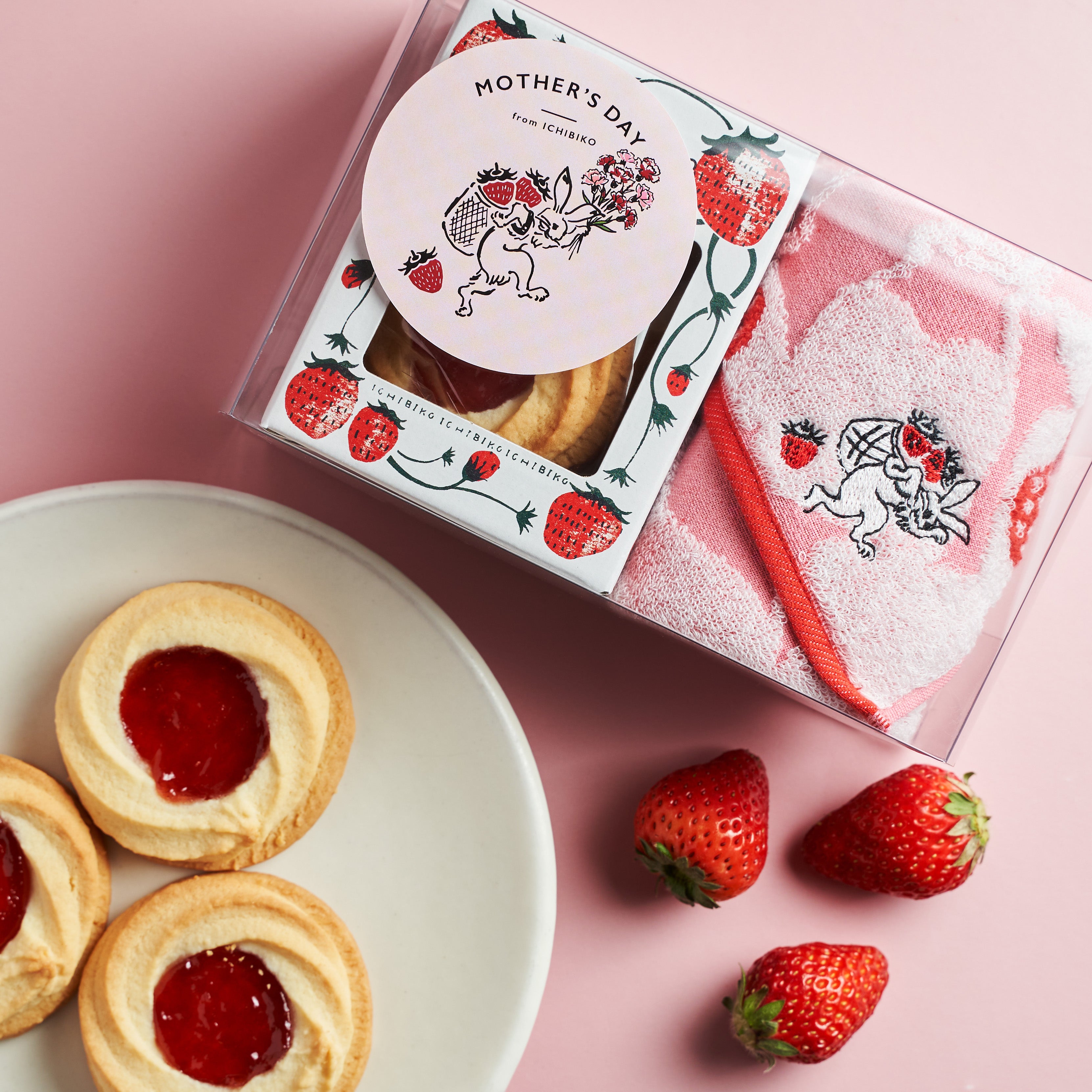 母の日限定 ICHIBIKO オリジナルハンカチ&いちごジャムクッキーセット